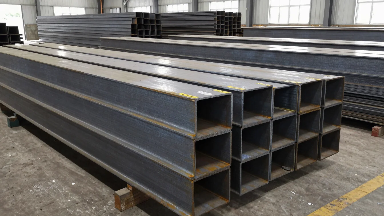 Stacked heavy steel beams and raw metal stock bays organized in a clean industrial warehouse facility.