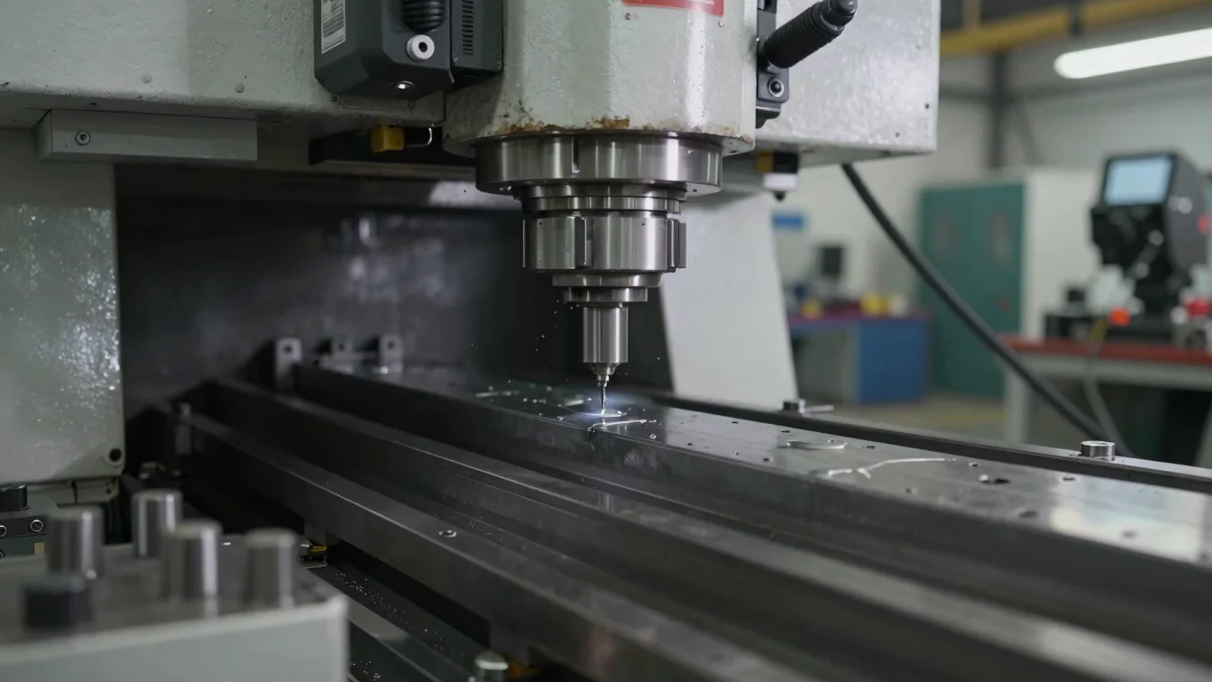 Heavy CNC milling setup working a thick metal workpiece with precision tooling and cool steel ambient lighting.