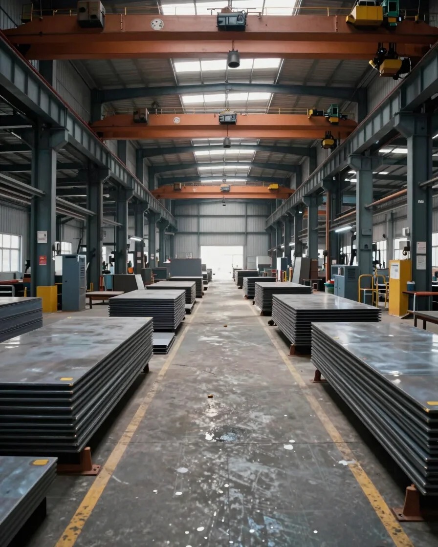 Wide industrial shop floor view of raw metal stock bays and overhead cranes moving heavy steel plates under high-contras