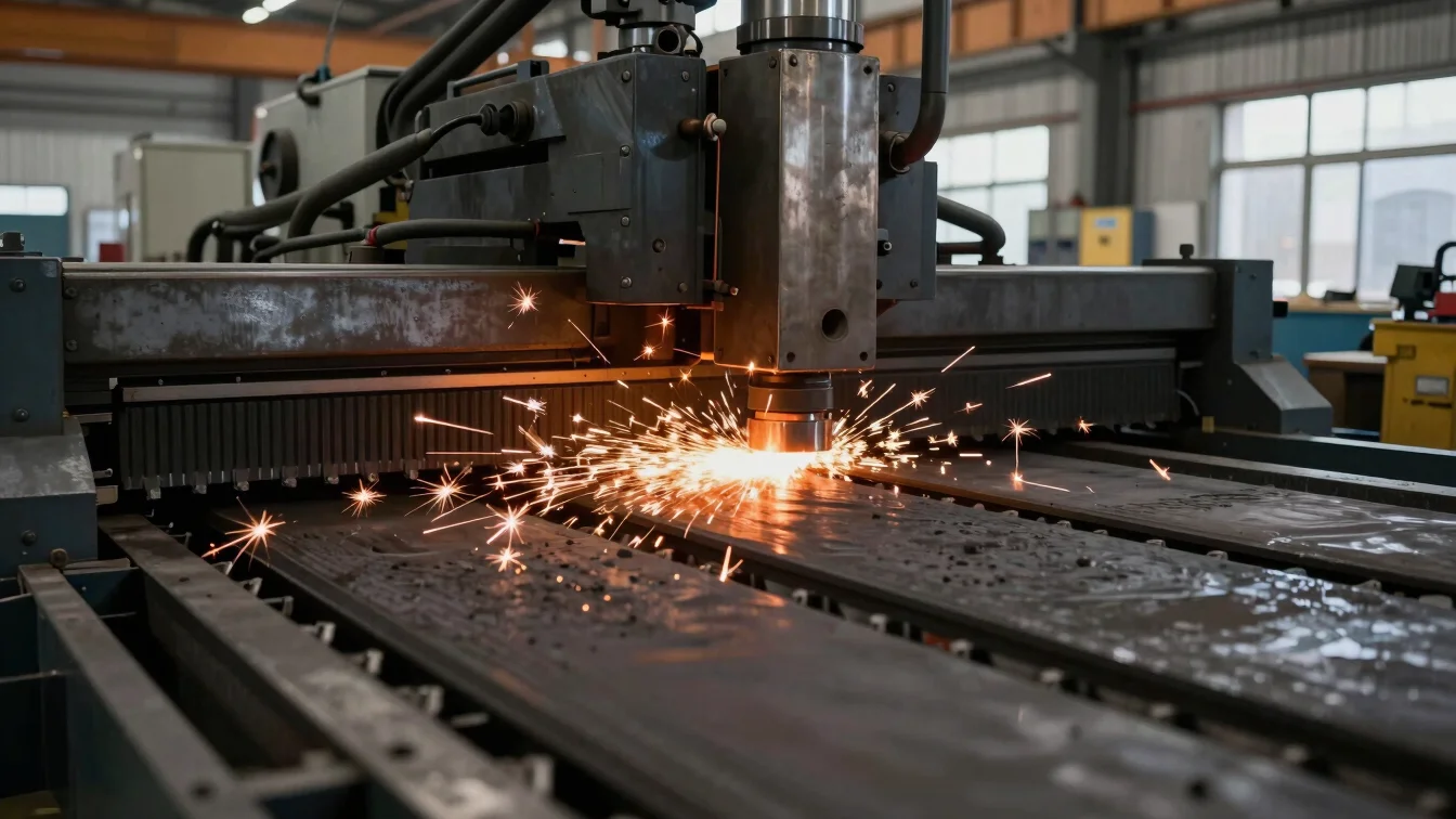 Close-up of heavy industrial plate cutting with hot spark trails on a factory shop floor