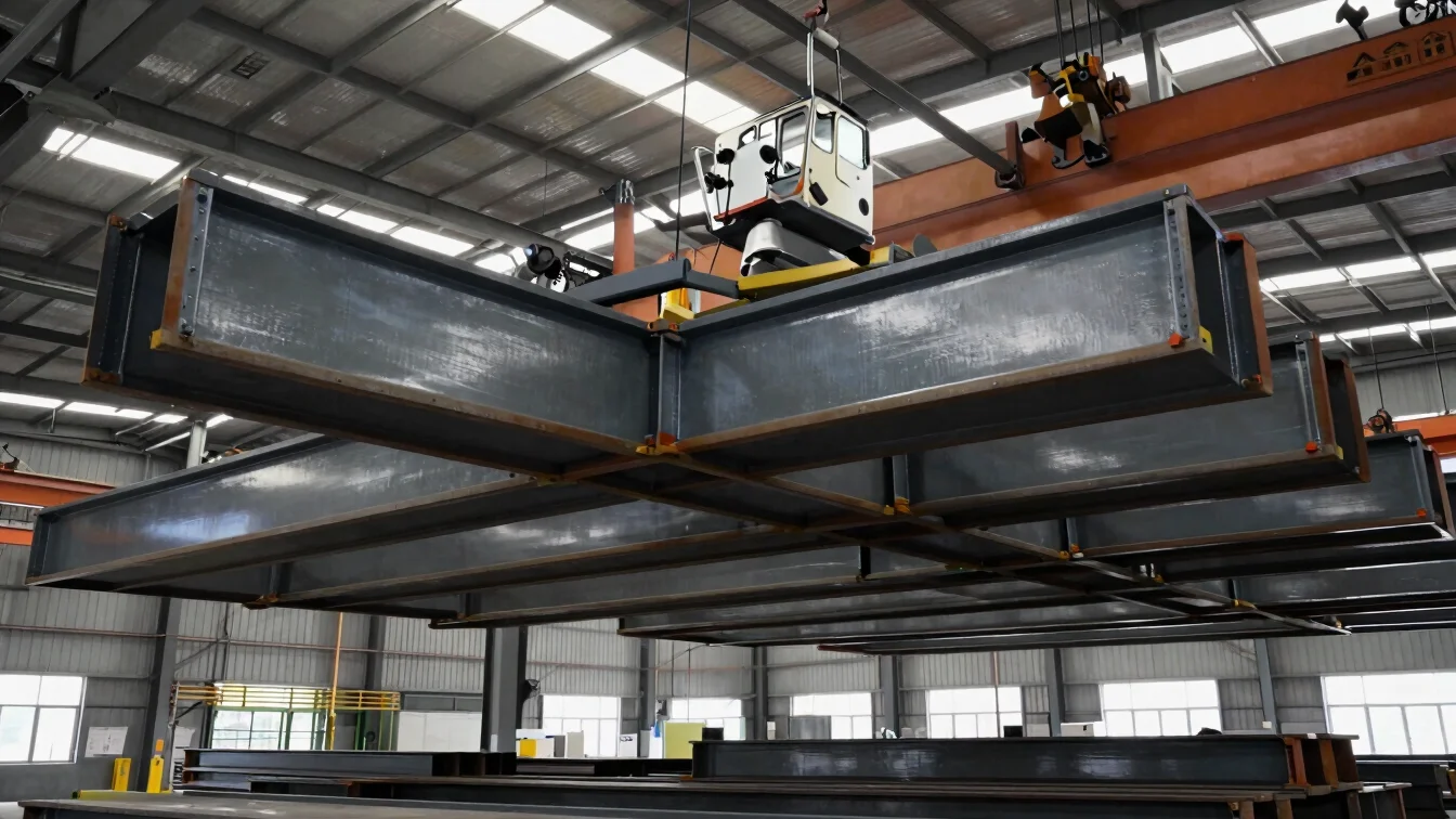Overhead crane moving heavy structural steel beams in an industrial stock bay