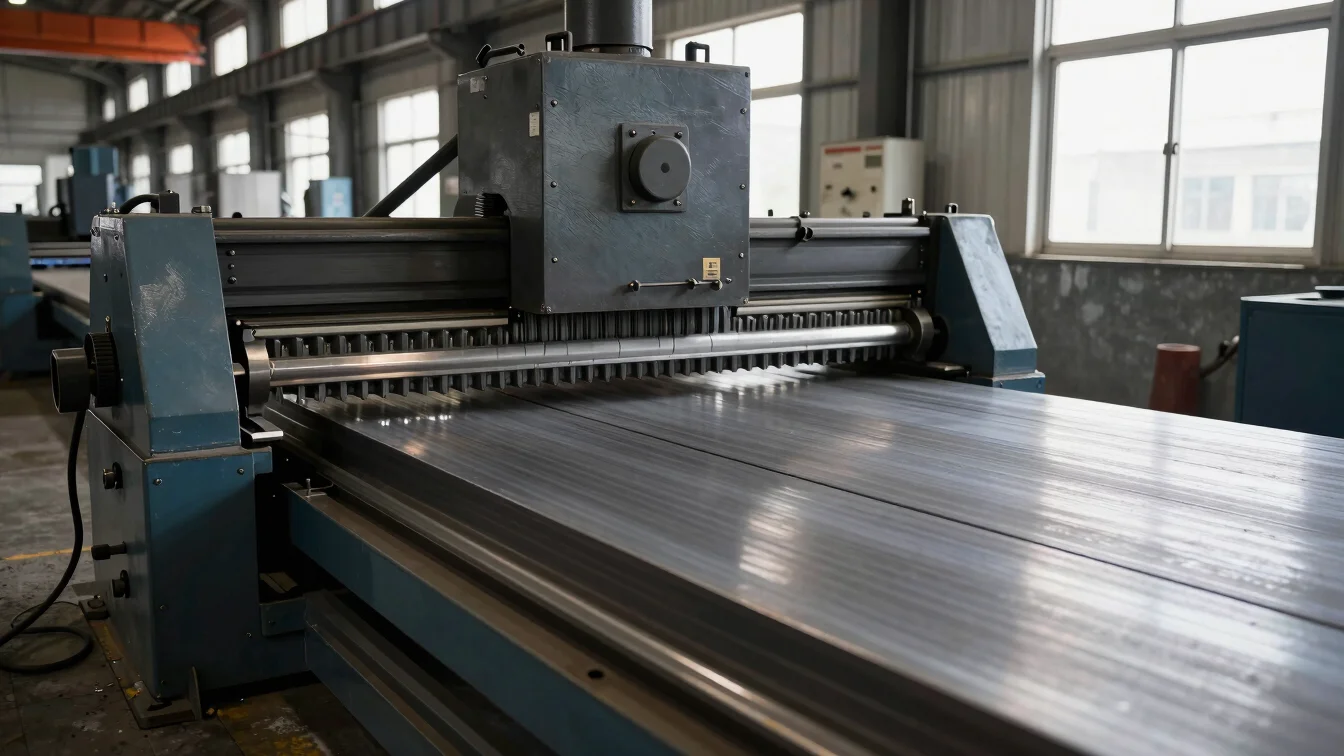 Industrial guillotine plate shear cutting thick steel stock with high-contrast factory lighting
