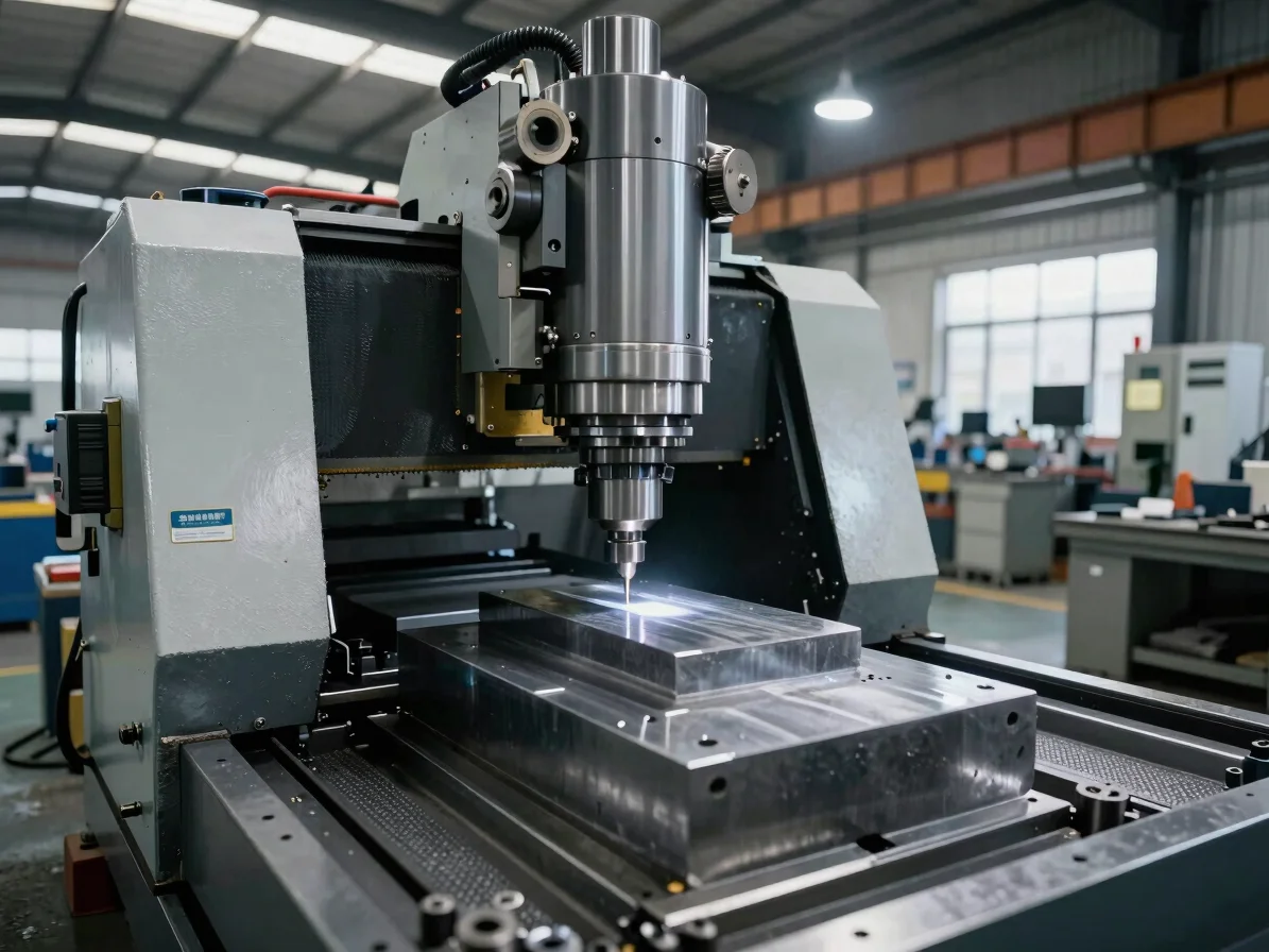 Wide-angle industrial shop floor view, heavy CNC milling setup operating on a steel block under high-contrast factory li