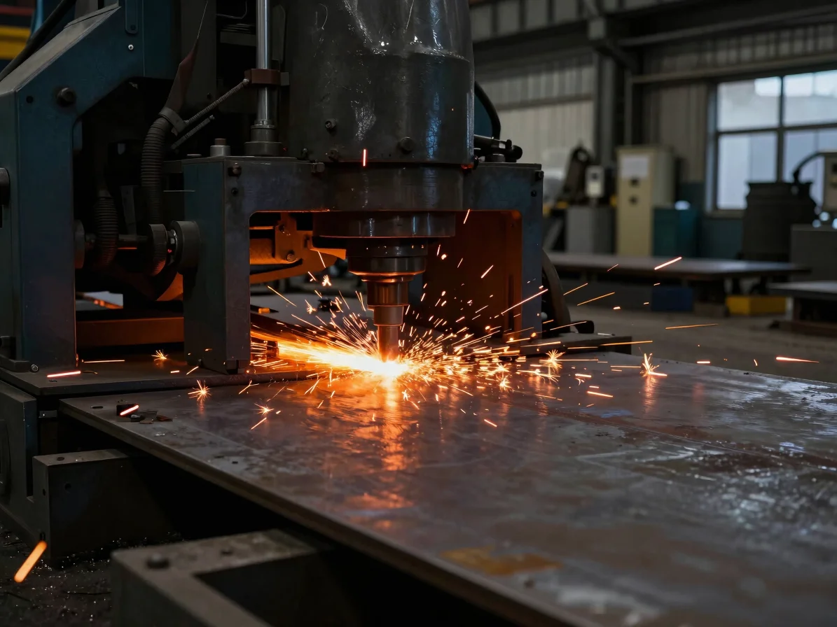 High-speed industrial flame cutting in action, intense orange spark trails cutting across heavy steel plate, dark factor