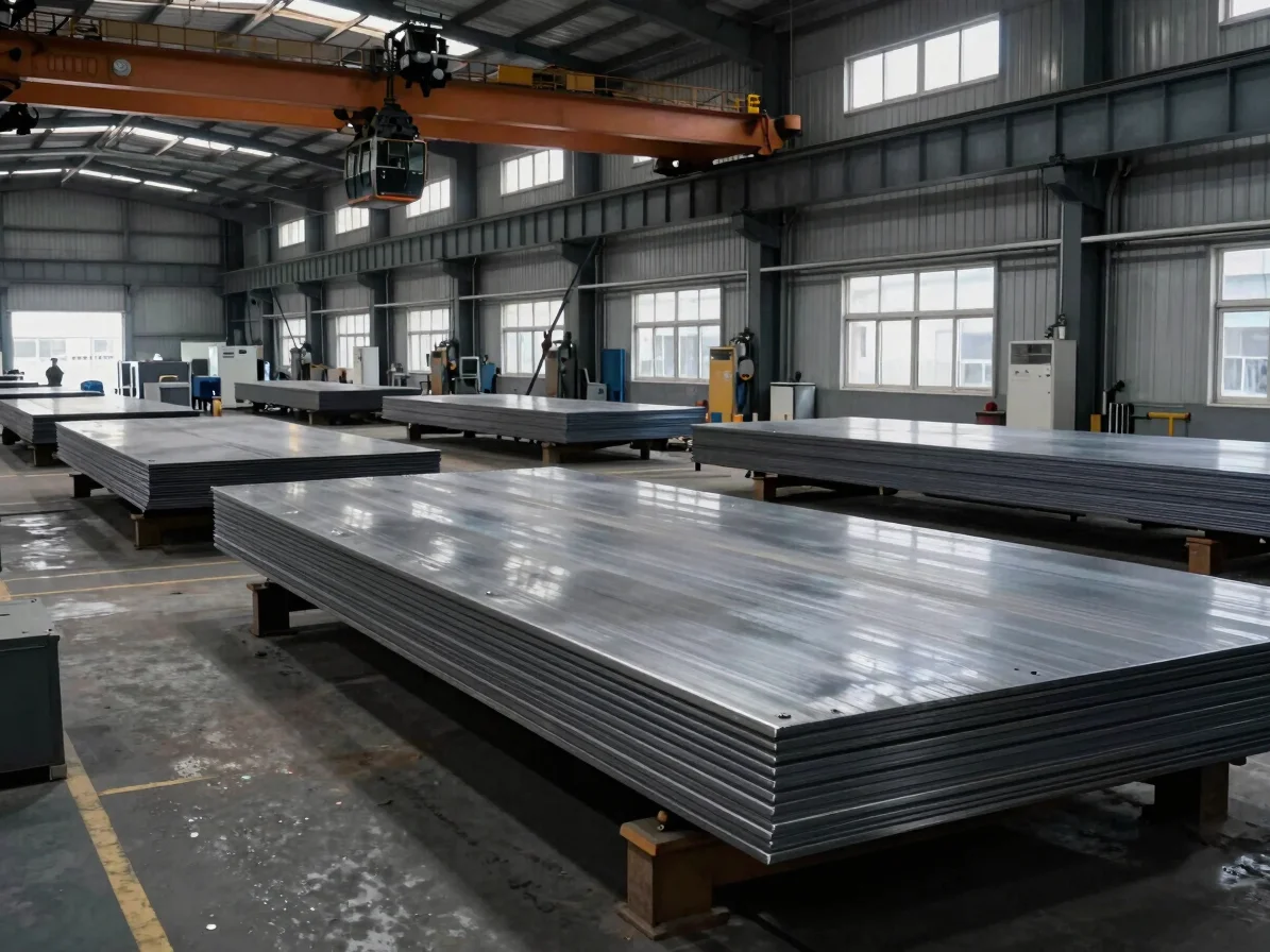 Overhead crane moving heavy steel plates across a clean shop floor, cool charcoal tones, sharp industrial focus.