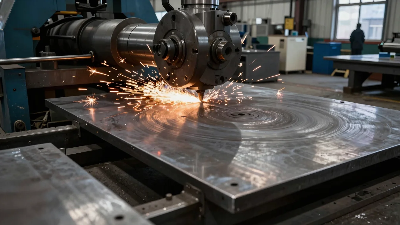 High-speed industrial metal cutting in action with bright spark trails cutting through heavy steel plates in a dark shop